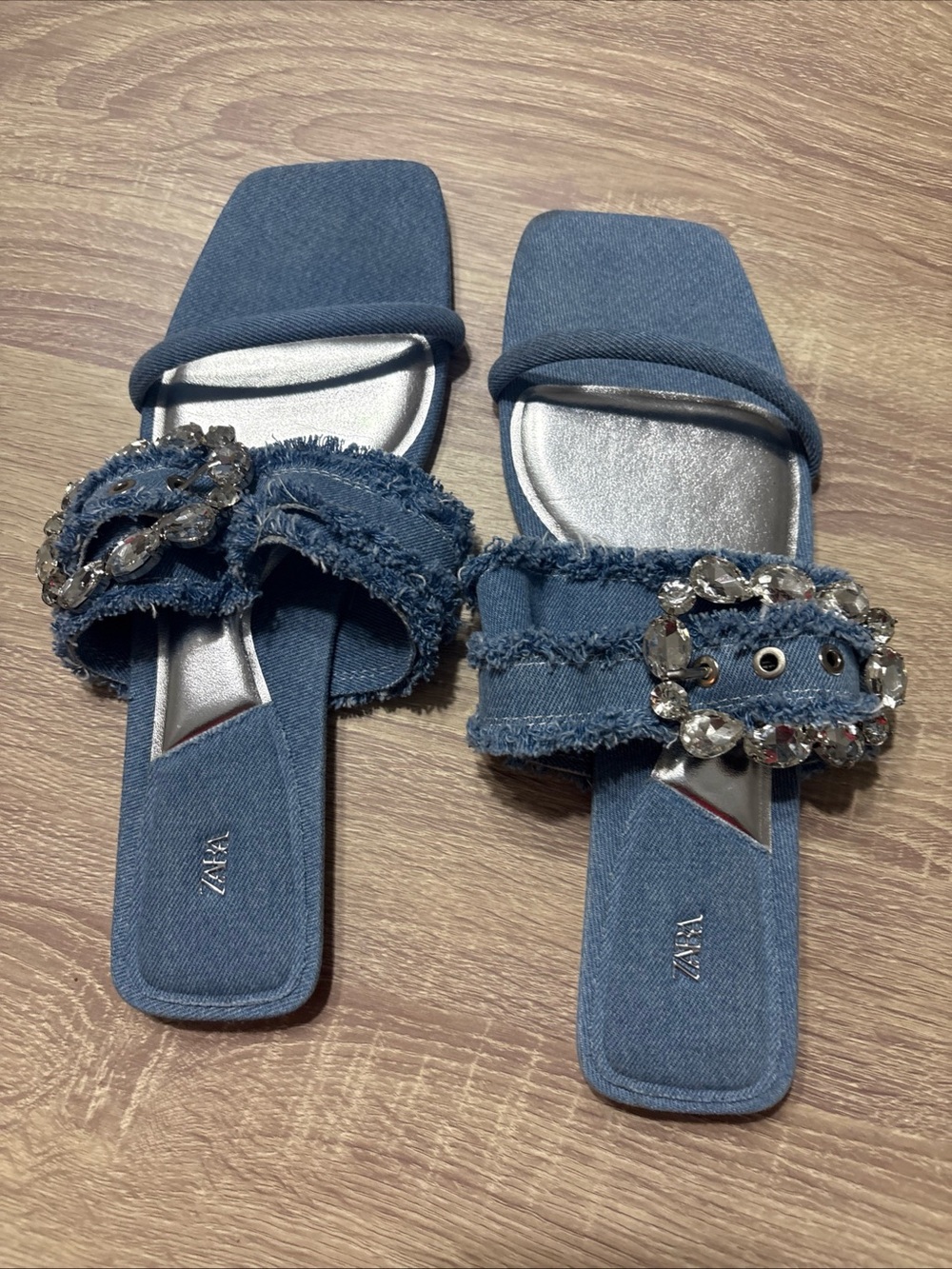 Zara Denim Slide Sandals with Jeweled Buckles